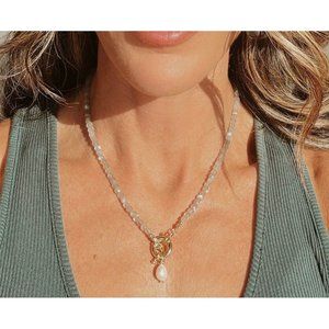 Labradorite Gemstone Necklace Gold Toggle Clasp Removable Pearl Healing Crystal